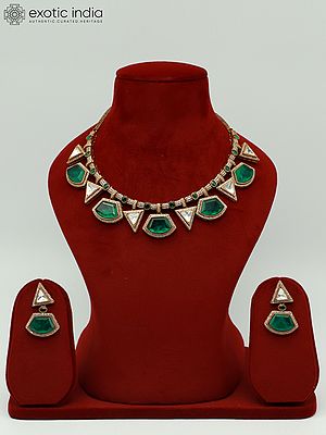 Geometric Design Exquisite Moissanite Kundan With Matt Polish Bridal Necklace With Earrings