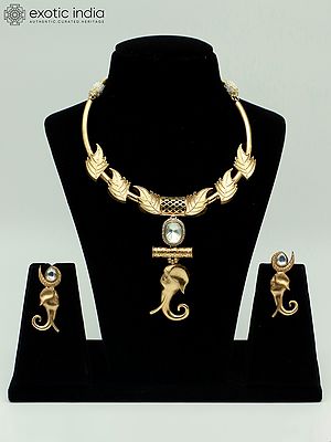 Leaf And Elephant Motif Matt Polish Elegant Necklace With Matching Earrings