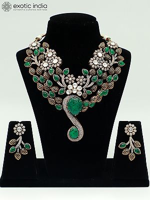 Floral Design Embellished Moissanite Kundan With Matt Polish Necklace With Earrings