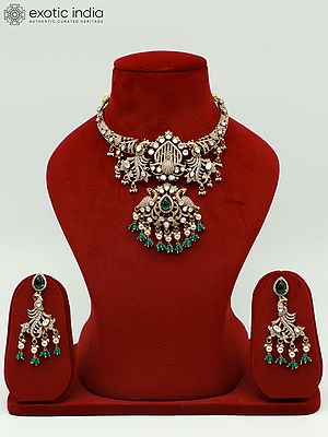 Exquisite Peacock Design Stone Studded Moissanite Kundan With Matt Polish Necklace With Earrings