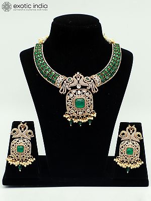 Peacock Motif Moissanite Kundan With Matt Polish Necklace Set With Ruby Stones And Pearl Drops