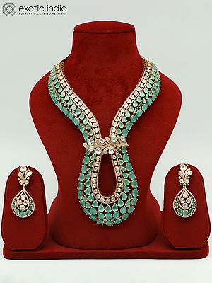 Long Floral Design Moissanite Kundan With Matt Polish Necklace With Teardrop Earrings