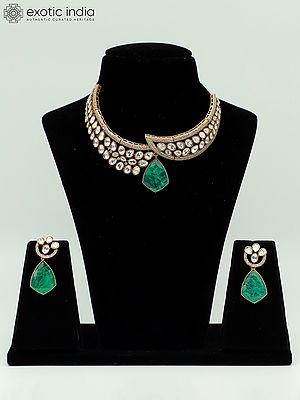 Studded Moissanite Kundan With Matt Polish Fancy Design Necklace With Beautiful Earrings