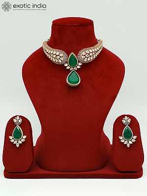 Embellished Floral Design Moissanite Kundan With Matt Polish Stone Studded Necklace Set