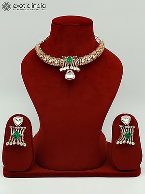 Beautiful Design Embellished Moissanite Kundan With Matt Polish Necklace With Earrings