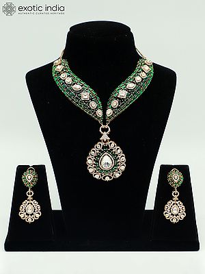 Stunning Moissanite Kundan With Matt Polish Stone Studded Necklace With Teardrop Earrings