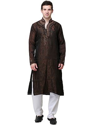 Acorn and Black Self-Weave Designer Kurta Pajama with Embellished Crystals and Beads