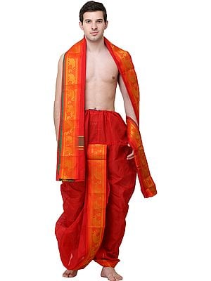 Poppy-Red Ready to Wear Dhoti and Angavastram Set with Zari Woven Elephants on Border