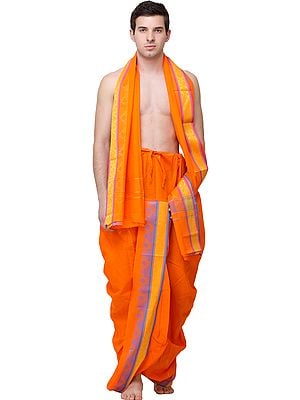 Vibrant-Orange Dhoti and Angavastram Set with Woven Bootis on Border in Multicolor Thread