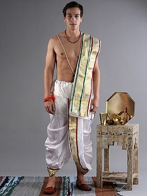 Ready to Wear Dhoti and Angavastram Set with Meenakari Woven Golden Border