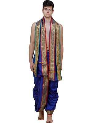 Ready to Wear Dhoti and Angavastram Set with Woven Golden Leaves Border