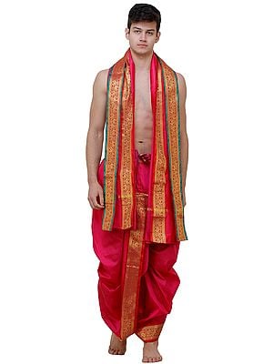 Ready to Wear Dhoti and Angavastram Set with Woven Golden Leaves Border