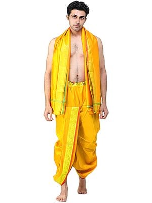 Ready to Wear Dhoti and Angavastram Set with Woven Golden Leaves Border