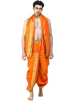 Ready to Wear Dhoti and Angavastram Set with Woven Golden Leaves Border