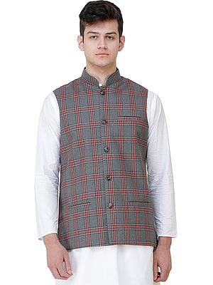 Nehru Jacket with Double Check Pattern and Front Pockets