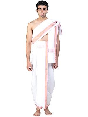 Plain Dhoti and Angavastram Set with Multicolored Thread Woven Border