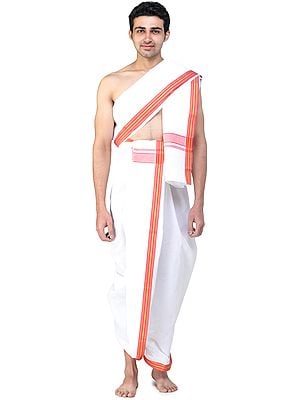 Plain Dhoti and Angavastram Set with Multicolored Thread Woven Border