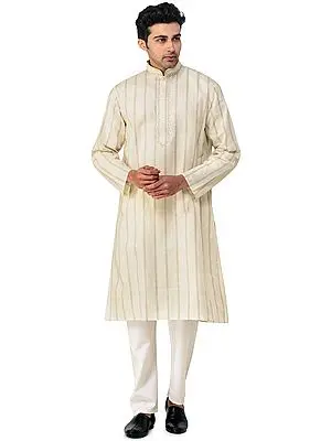 Bleached-Sand Casual Kurta Pajama Set with Woven Stripes and Embroidery