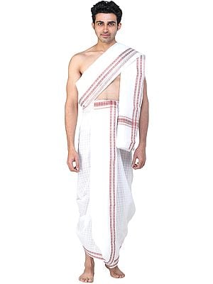 Self-Checks Dhoti and Angavastram Set with Multicolored Thread Woven Border