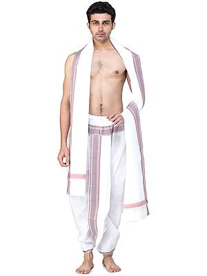 Ready to Wear Elasticated Dhoti and Angavastram Set with Multicolored Thread Woven Border
