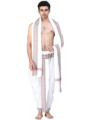 Ready to Wear Elasticated Dhoti and Angavastram Set with Multicolored Thread Woven Border