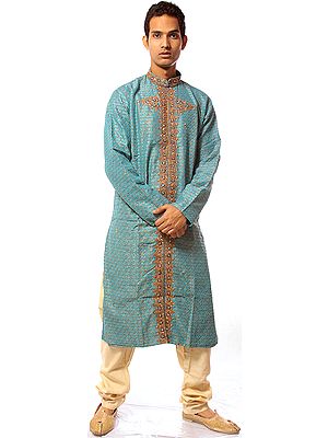 Hawaiian-Ocean Achkan with Jaal Embroidery and Beadwork