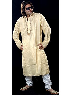 Almond-Oil Kurta Set with Golden Thread Weave and Embroidery on Button Palette