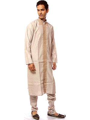 Plain-Gray Achkan with Intricate Embroidery on Front