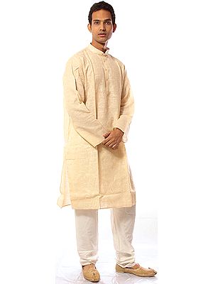Angora-Colored Khadi Kurta Pajama with All-Over Embroidery