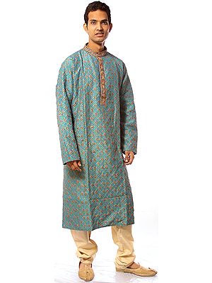 Robin-Egg Blue Kurta Set with Golden Thread Weave and Beadwork