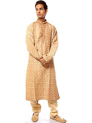Khaki Kurta Pajama Set with All-Over Weave and Multi-Color Beadwork