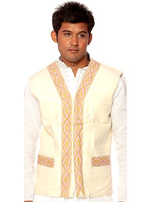 Ivory Khadi Waistcoat from Arunachal Pradesh with Weave on Border