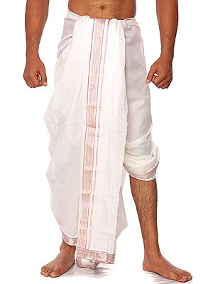White Dhoti from Kerala with Silver Weave on Border