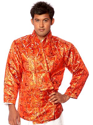 Scarlet Brocaded Jacket from Nepal with Woven Dharma Motifs