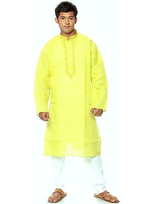 Lime-Green Kurta Pyjama with Woven Stripes and Embroidery on Neck