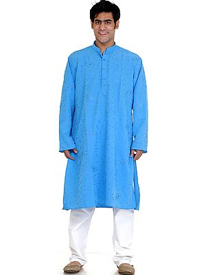 Azure Kurta Pajama with Leaves Embroidered All-Over