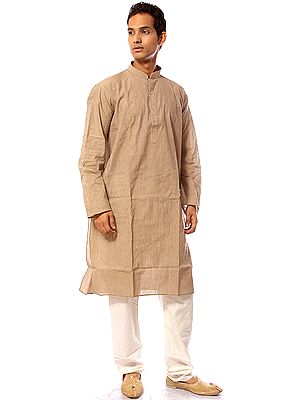 Beige Khadi Kurta Pajama with Vertical Stripes