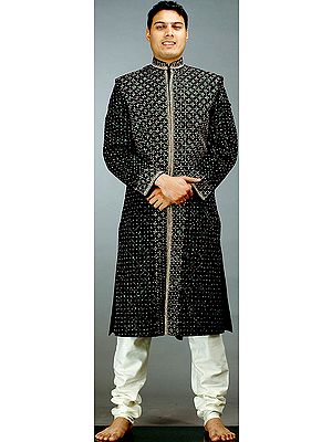 Black Sherwani with Beads and Threadwork
