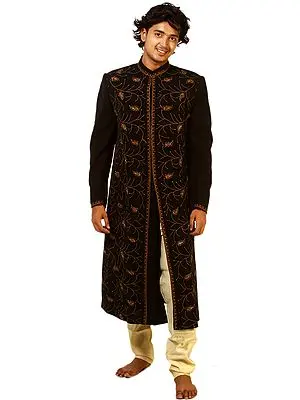 Black Wedding Sherwani with Bead Work and All-Over Thread Embroidery