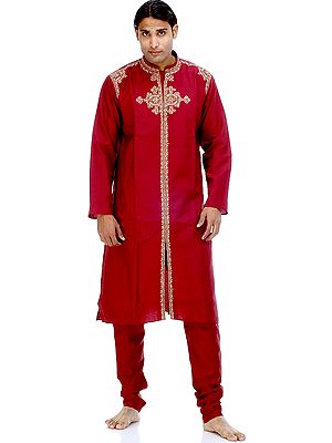 Burgundy Achkan with Embroidery and Crystals