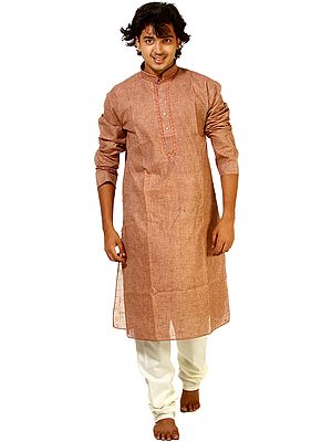 Butterum-Brown Kurta Pajama with Embroidery on Neck and Woven Stripes