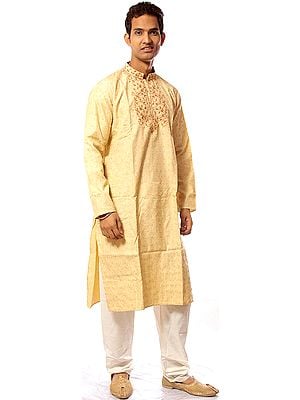 Cream and Golden Kurta Pajama with Self Weave and Embroidery on Front