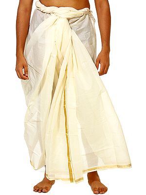 Cream Dhoti from Kerala with Golden Thread Weave on Border