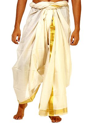 Cream Kasavu Dhoti from Kerala with Wide Golden Woven Border