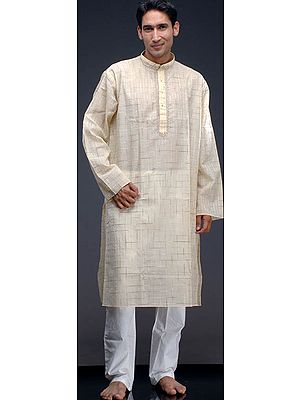 Cream Kota Kurta Set with Checks and Embroidery
