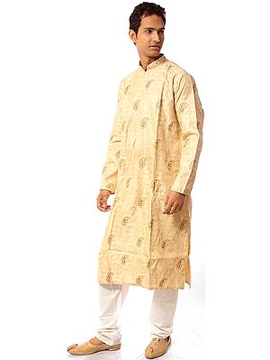 Cream Paisley Kurta Pajama with Self Weave and Wooden Beads on Neck