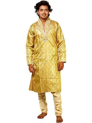 Golden Designer Kurta Pajama with Faux Pearl Embroidery on Neck and Brocaded Flowers