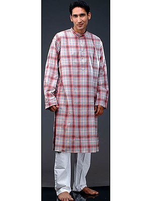 Gray and Orange Kurta Set with Checks