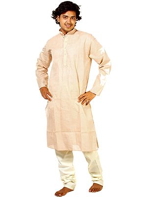 Honey Peach Khadi Kurta Pajama with Paisley Embroidery on Neck