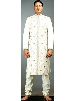 Ivory Sherwani with All-Over Paisleys and Embroidery